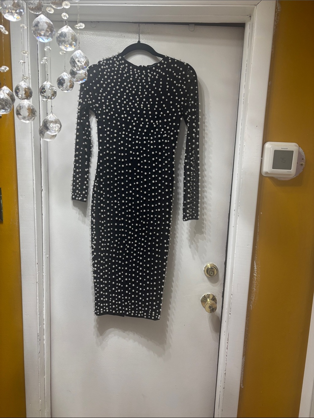 AKIRA Black Long-Sleeve Pearl-Studded Sheath Dress